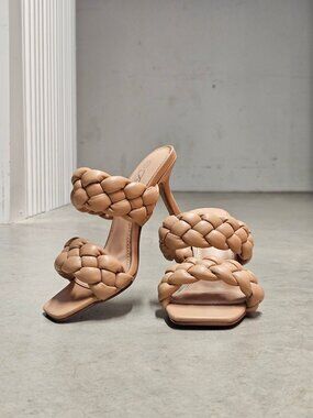 Braided Faux Leather High Heel Sandals - Nude Beige Chic & Elegant Design For Wo